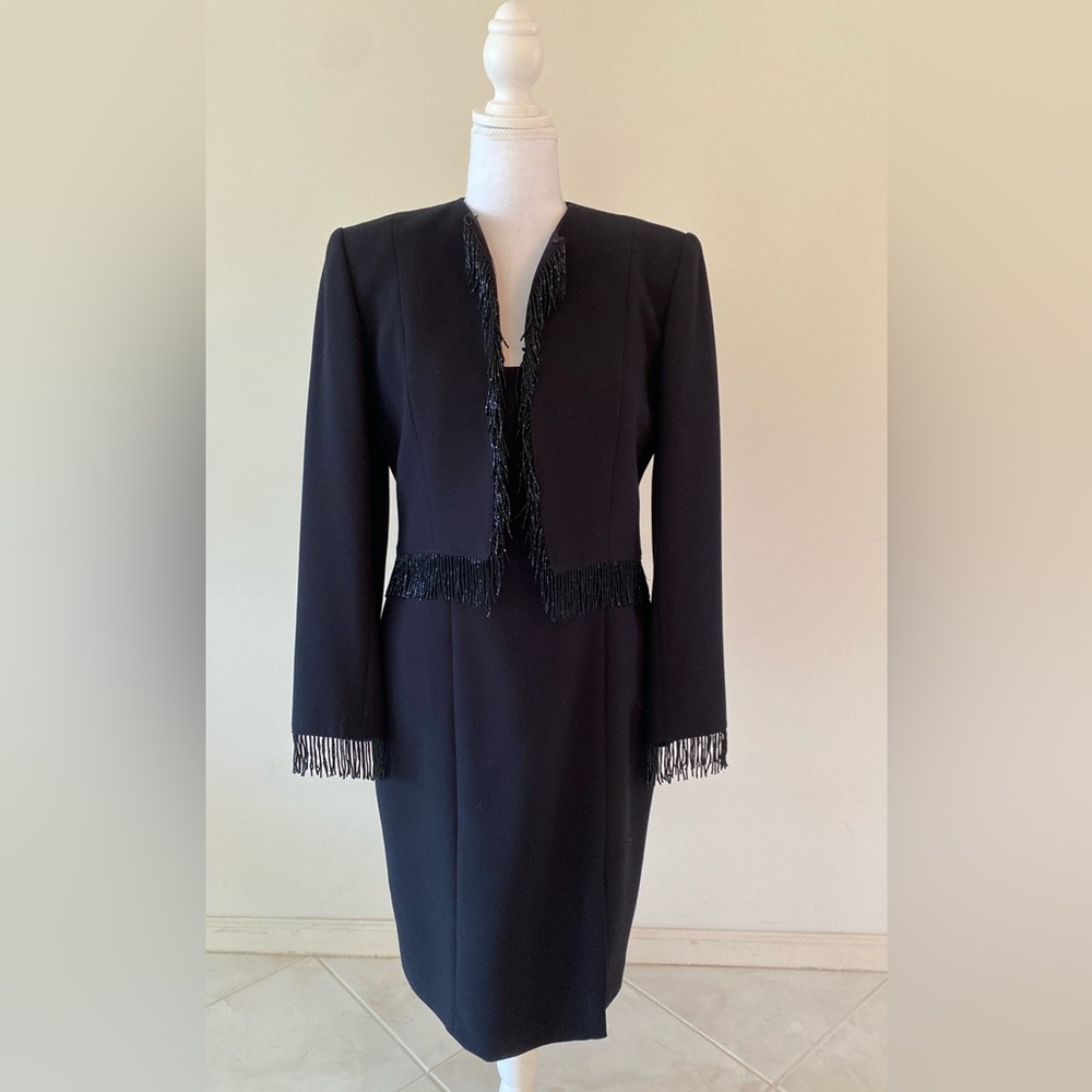 Little black dress with beaded fringe jacket, and 8" side left slit.